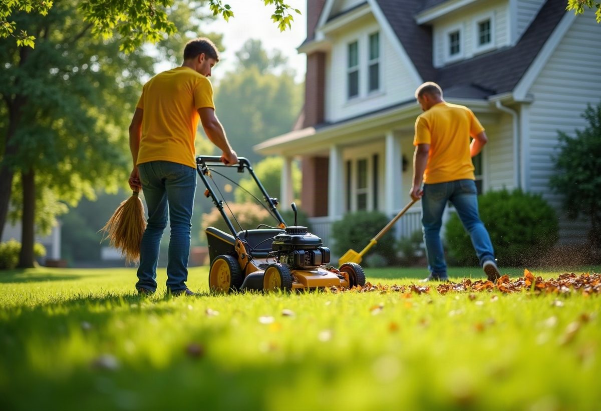 Crew mowing and cleaning up a suburban lawn