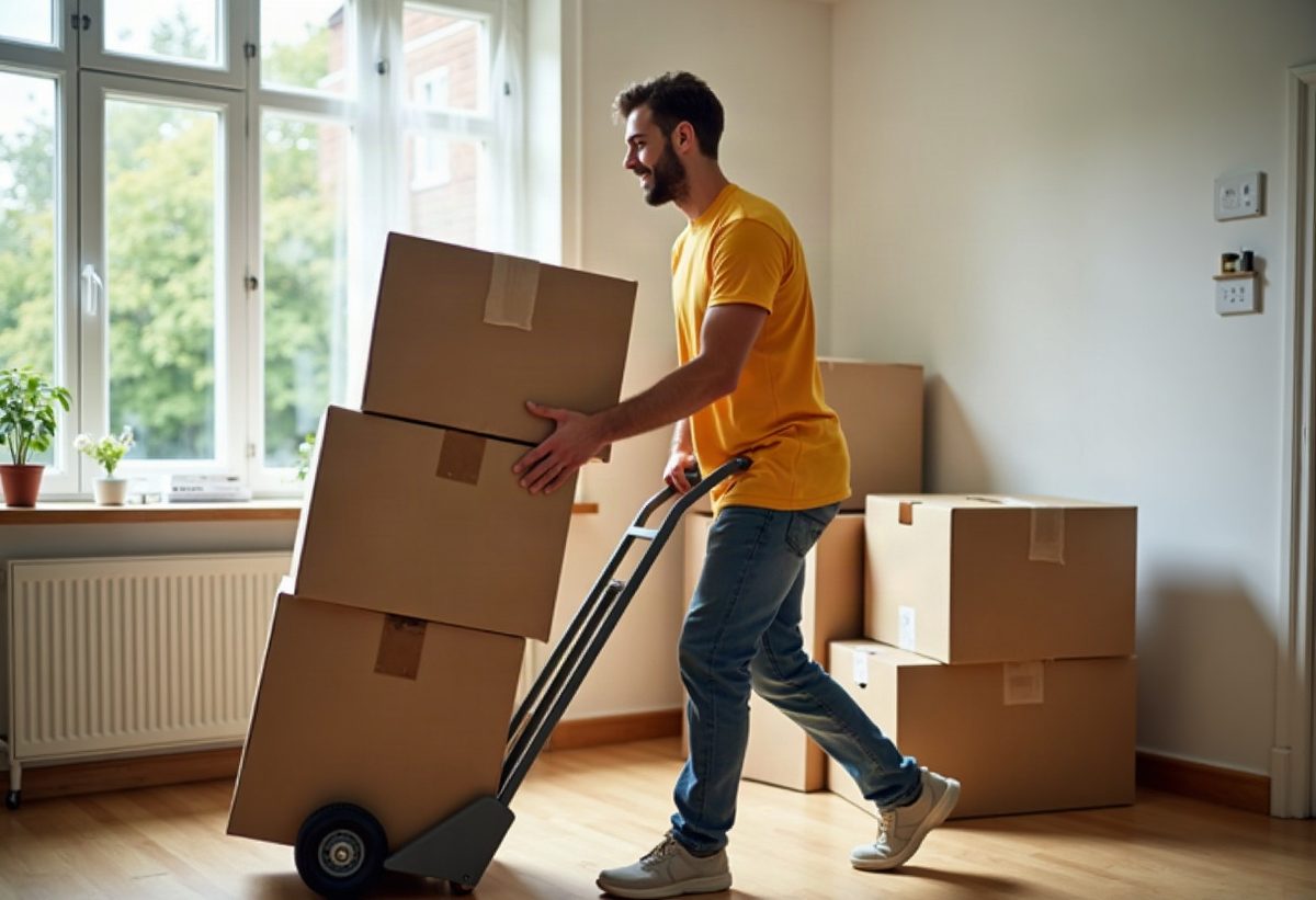 Mover using a dolly to move boxes inside a home