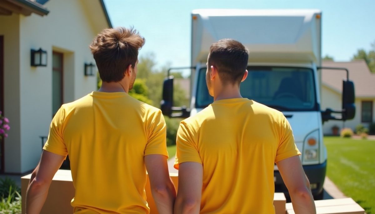 Happy Movers crew in yellow shirts loading a moving truck